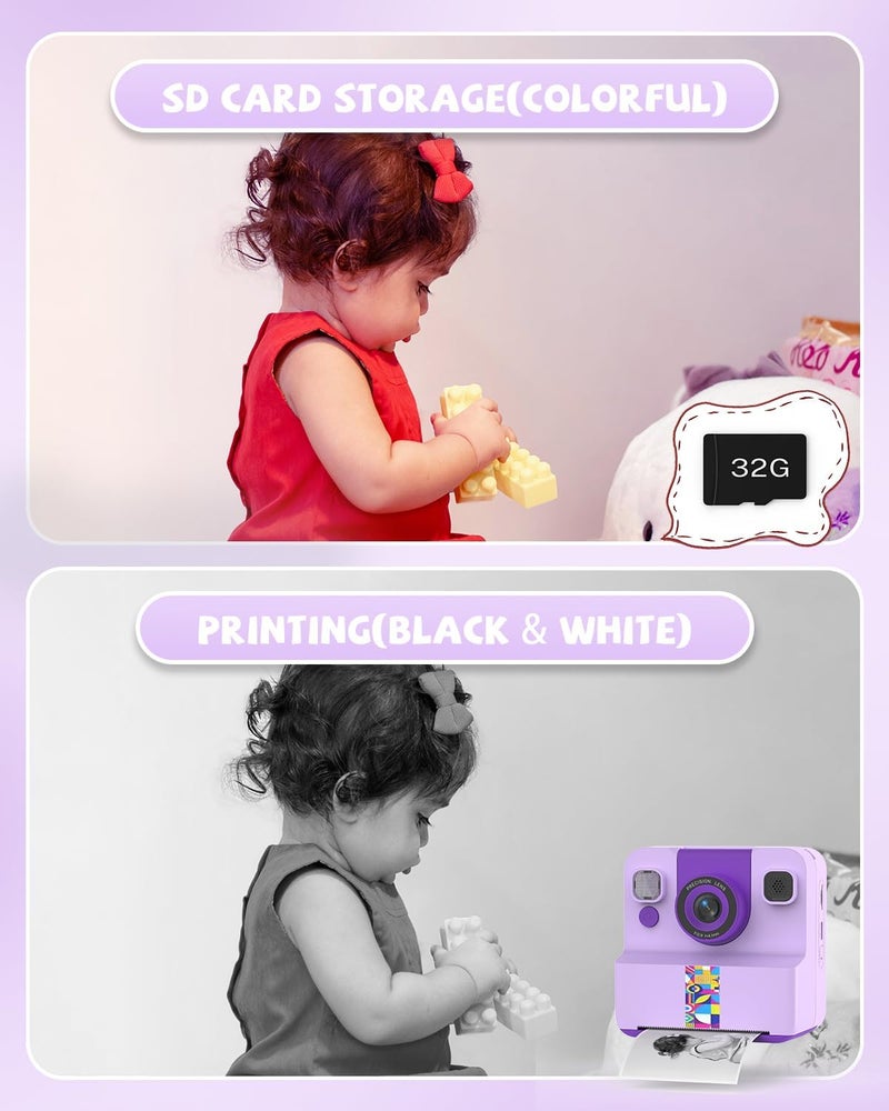 Sylvanthos Kids Camera Instant Print, Digital Camera for Kids, 180° Rotating Selfie Lens with 32GB SD Card & 2 Rolls Printing Paper Kids Toy Birthday Gifts for Boys Girls Ages 3-12, Purple - Image 5